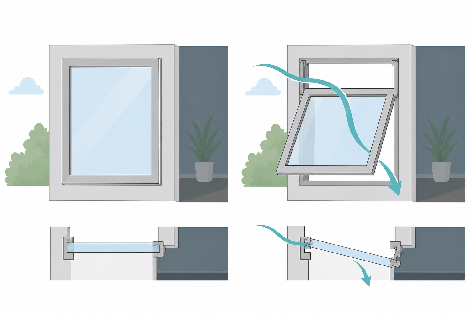 Simple illustration showing a hopper window closed and then tilted inward from the bottom for ventilation