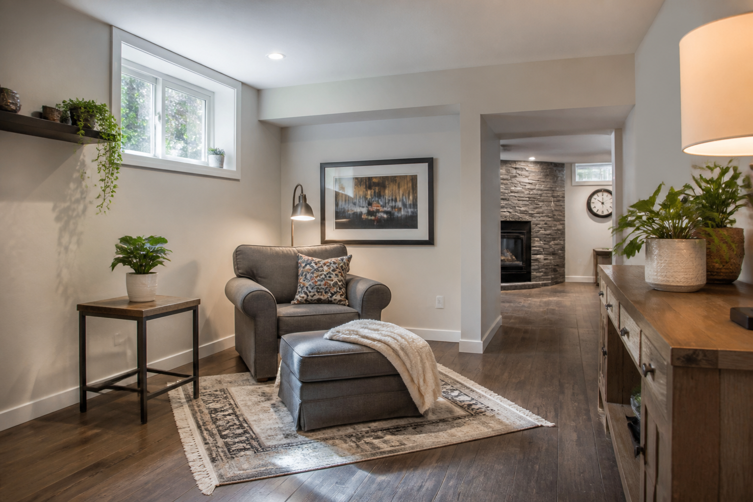 Bright finished basement sitting area with a small high window bringing in daylight