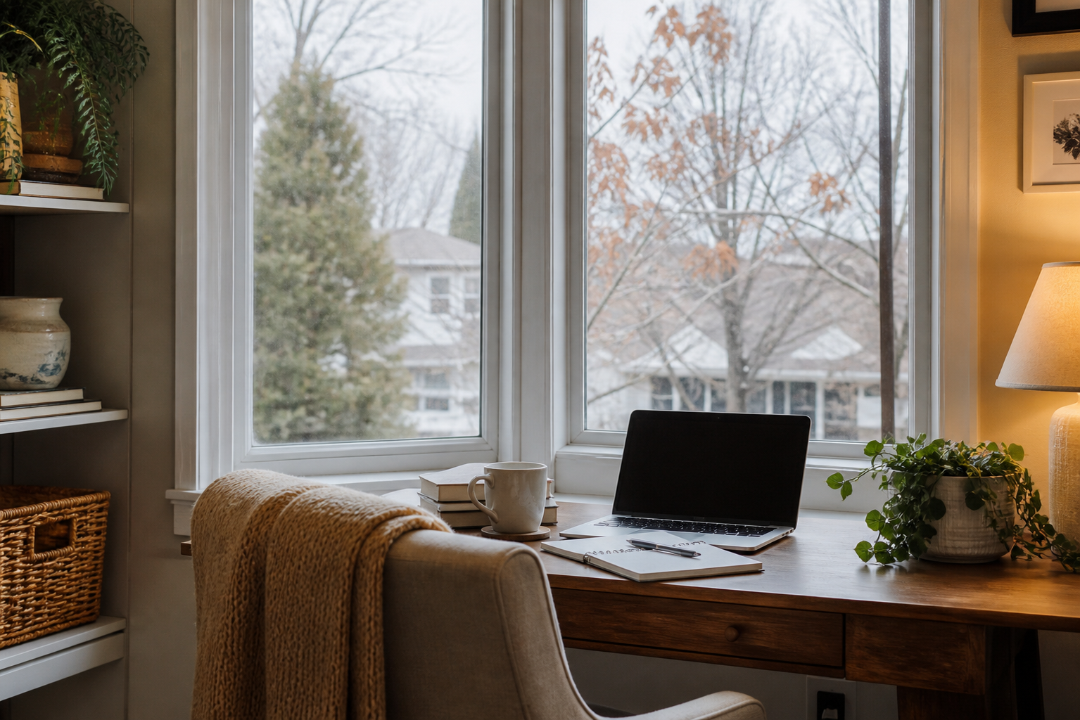 Home office nook by large windows on an overcast day, with soft natural light and a warm lived-in feel