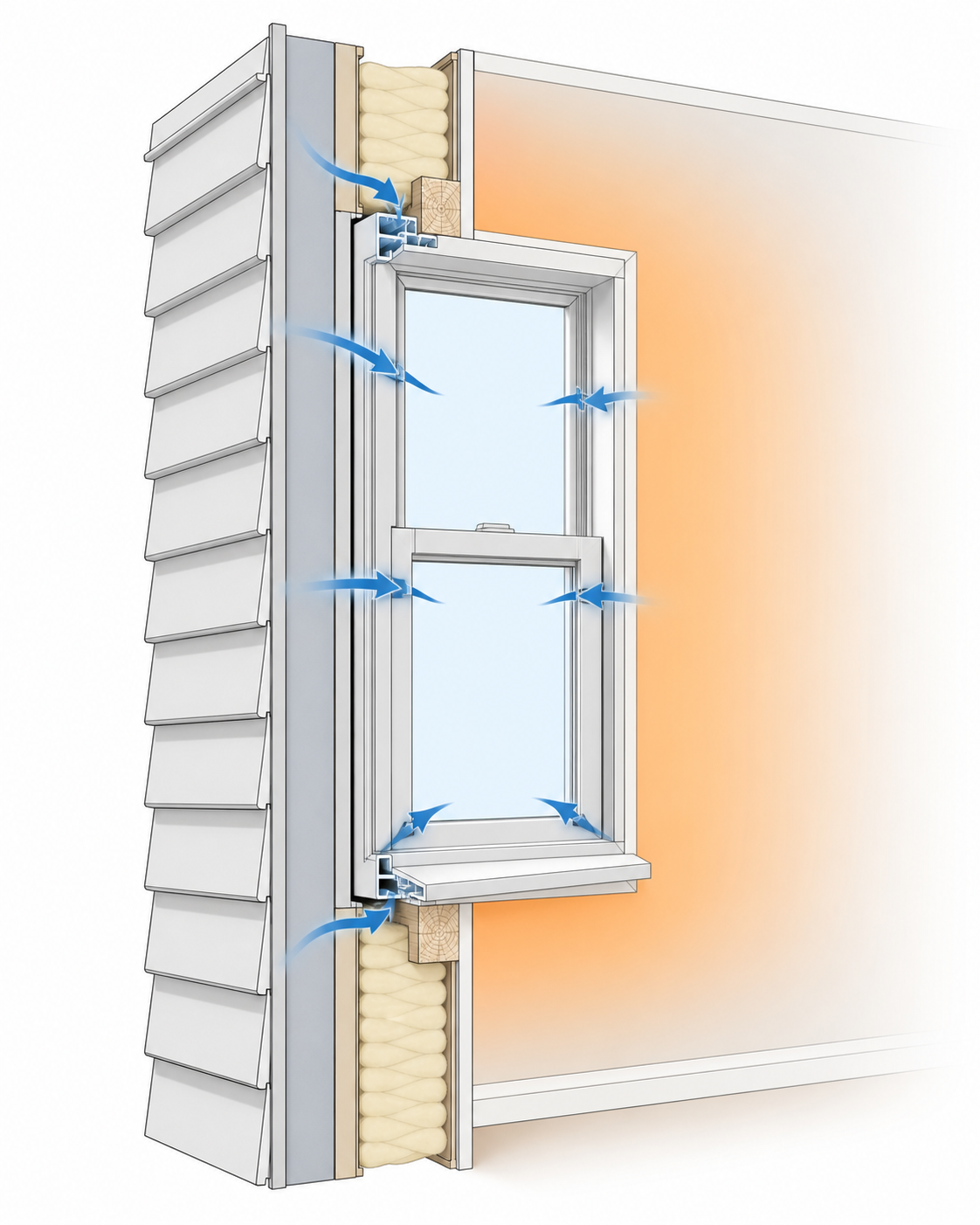 Simple diagram showing common winter air leak points around a window and heat loss through glass
