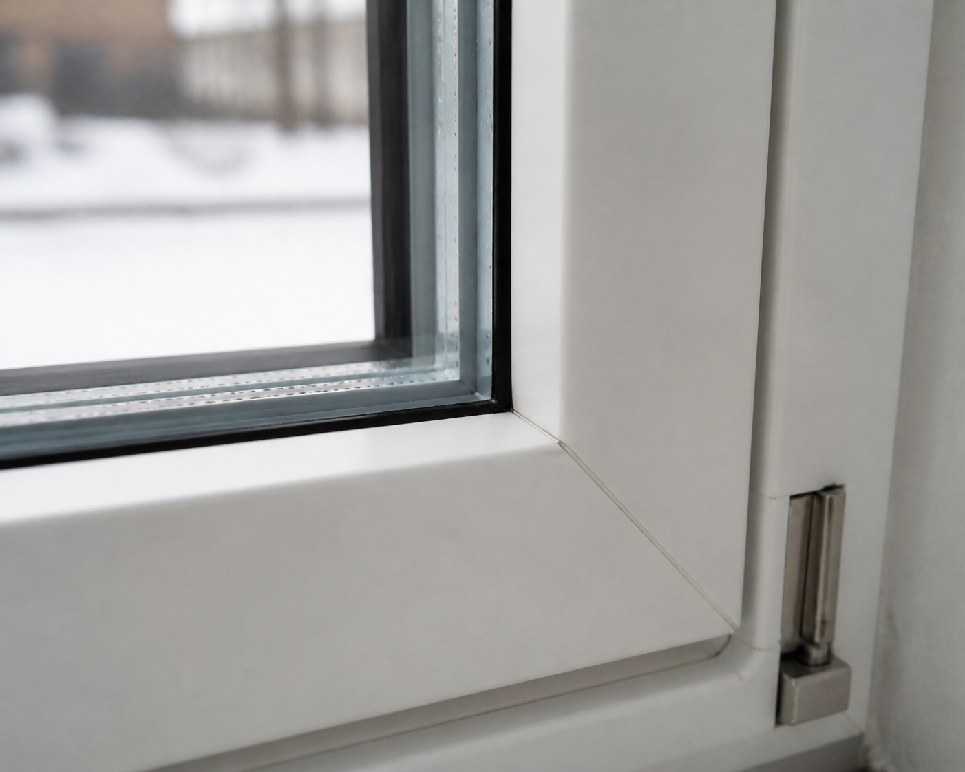 Close-up of a white vinyl window frame corner showing welded joint, weatherstripping, and sealed double-pane glass edge