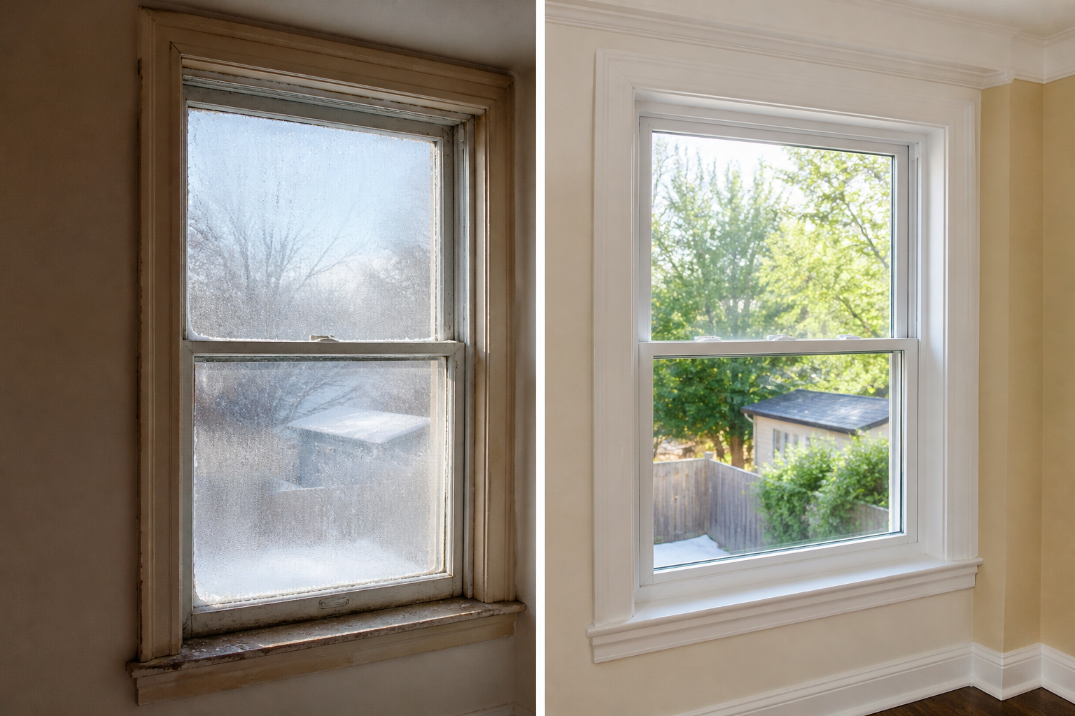 Side-by-side view of an old condensation-covered window and a clear new vinyl window in winter light