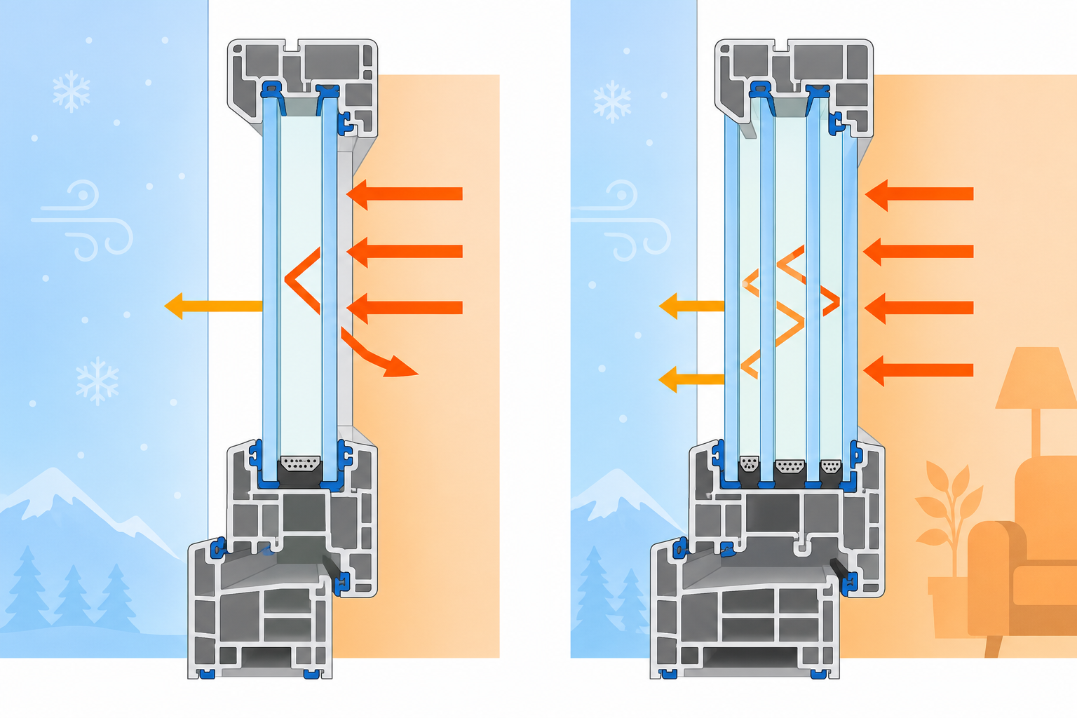 Simple diagram showing heat flow through window glass and frame, with sealed air space and weatherstripping