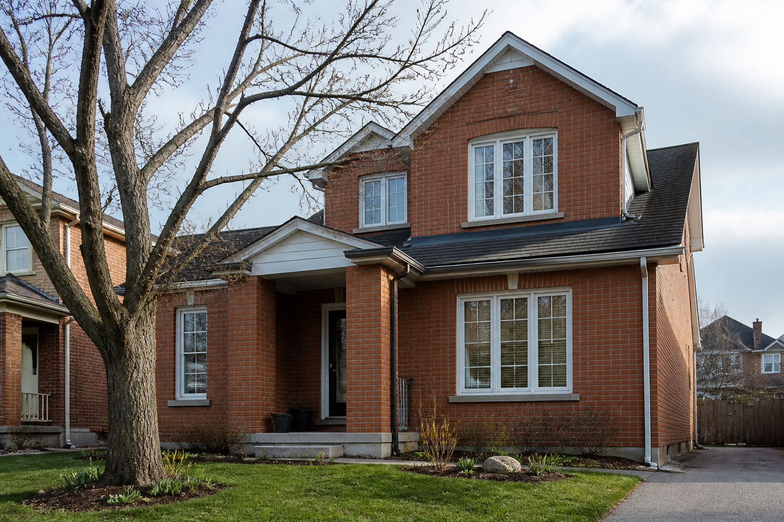 Detached Ontario brick home with updated vinyl windows on a bright but cool day