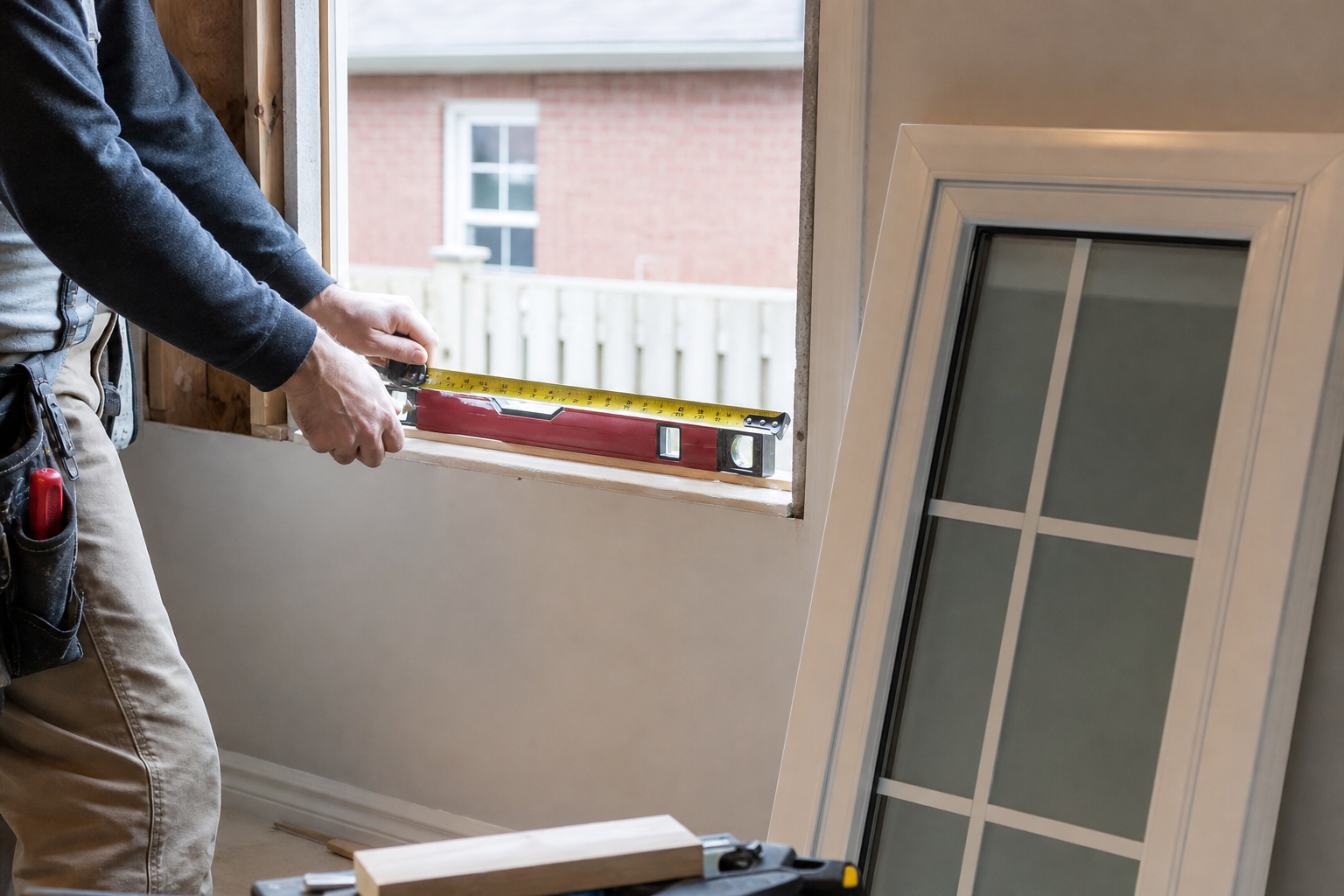 Installer measuring a window opening inside a home before fitting a new vinyl window
