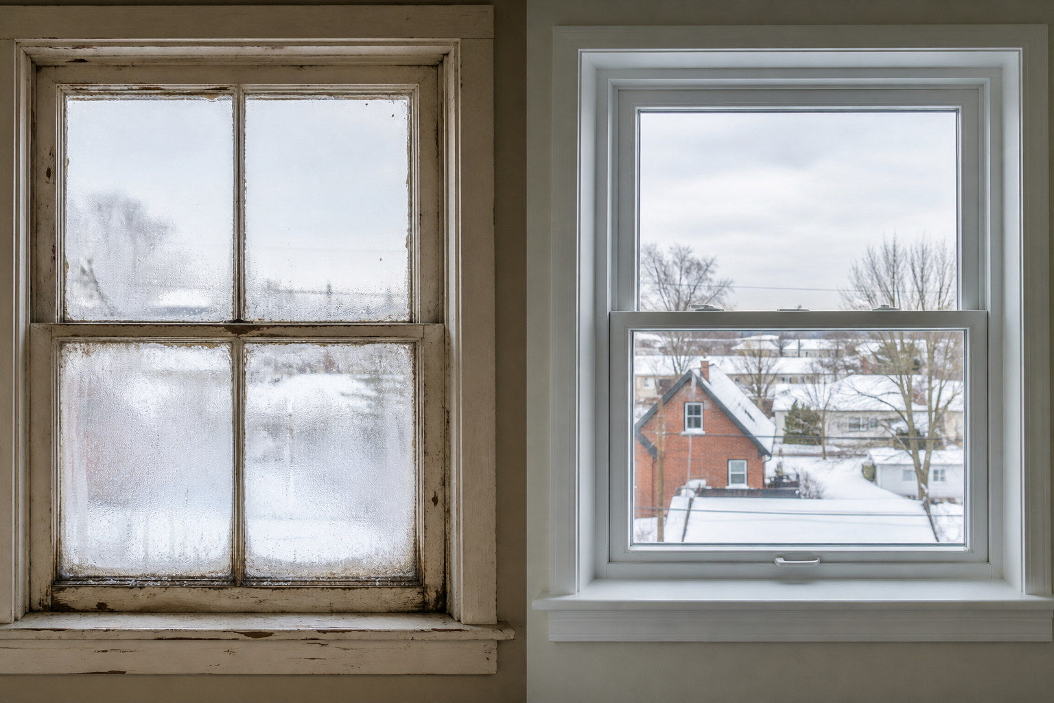 Old fogged drafty window beside a clear new vinyl window with no condensation