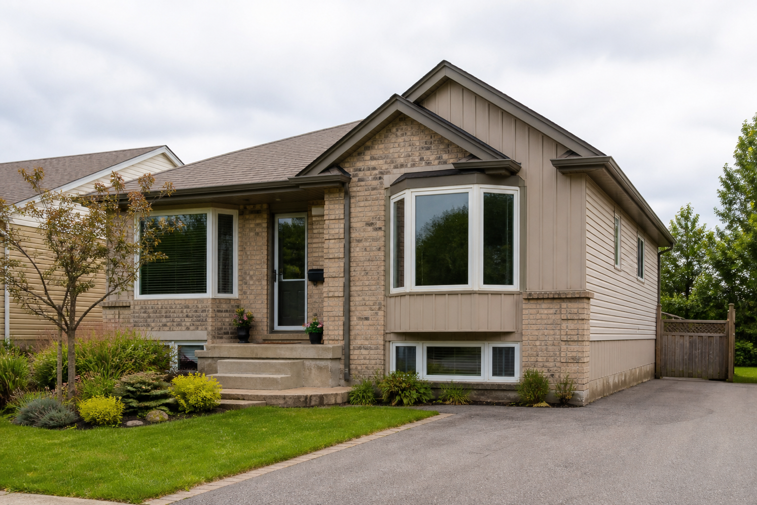 Front exterior of an Ontario detached home showing a mix of picture, casement, and bay windows