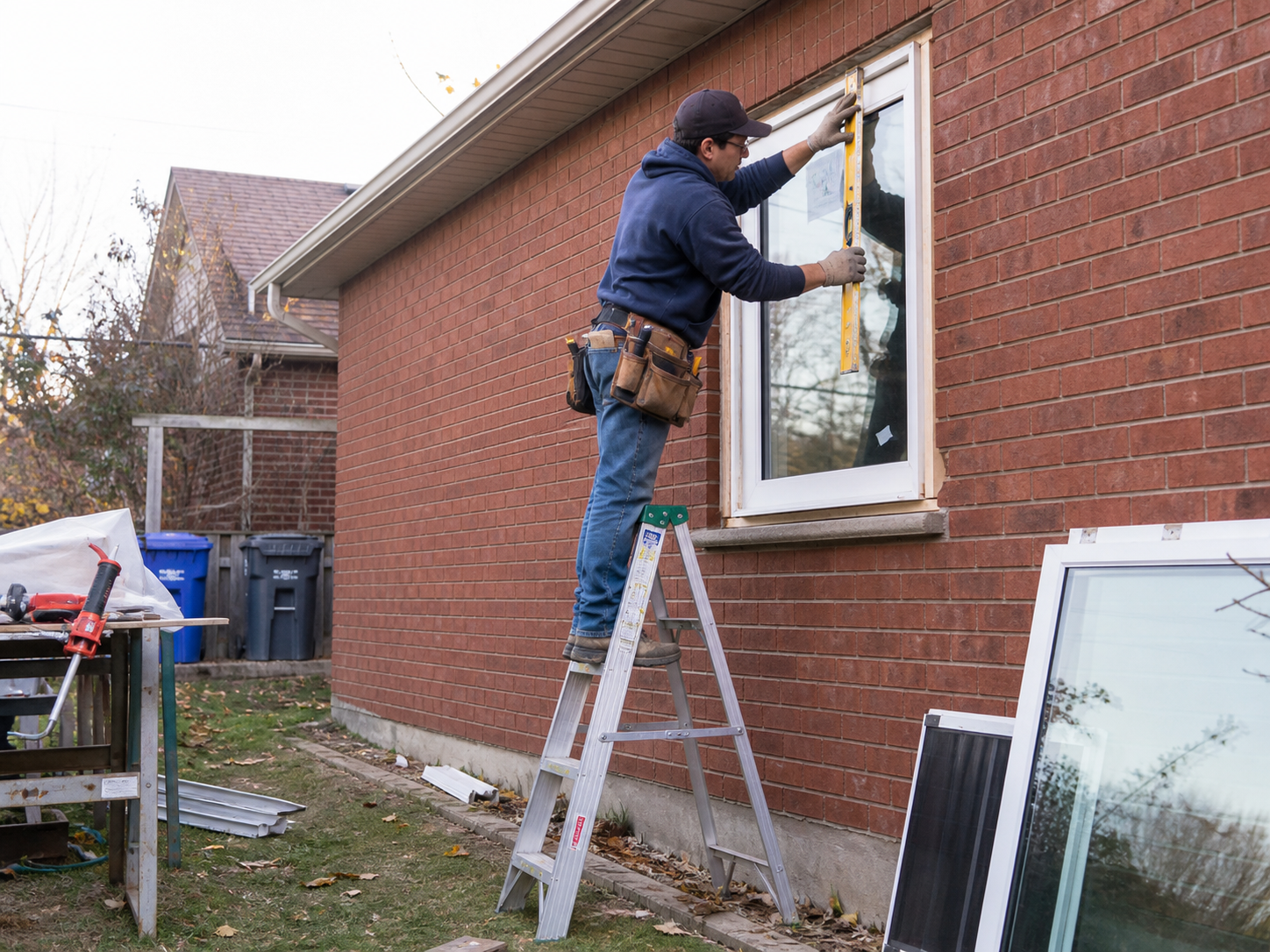 Installer measuring and setting a new vinyl window into a home opening during replacement
