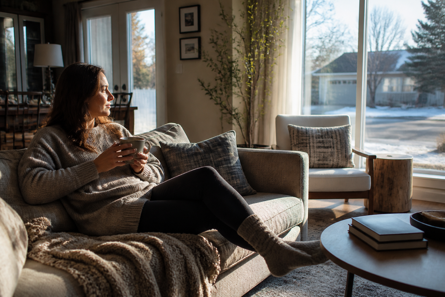 Sunlit family room with large windows and a homeowner relaxing on a sofa