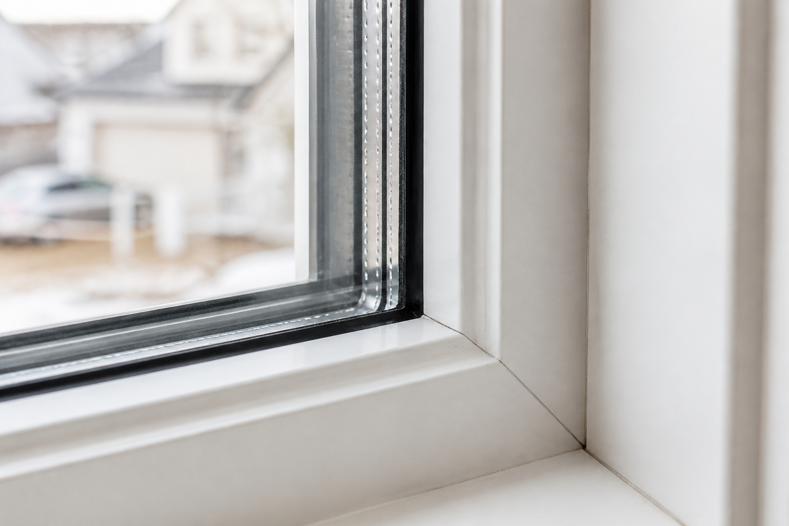 Close-up of a vinyl window edge showing sealed triple-pane glass and weatherstripping