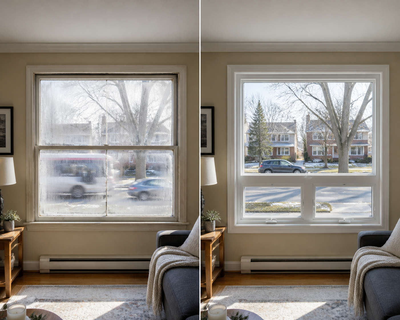 comparison of an older window letting in traffic noise and a newer laminated glass window in the same type of room