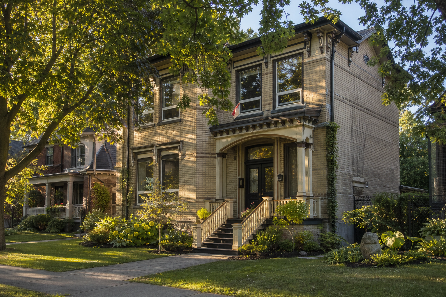 Century home exterior with character trim and transom windows glowing in late-afternoon light