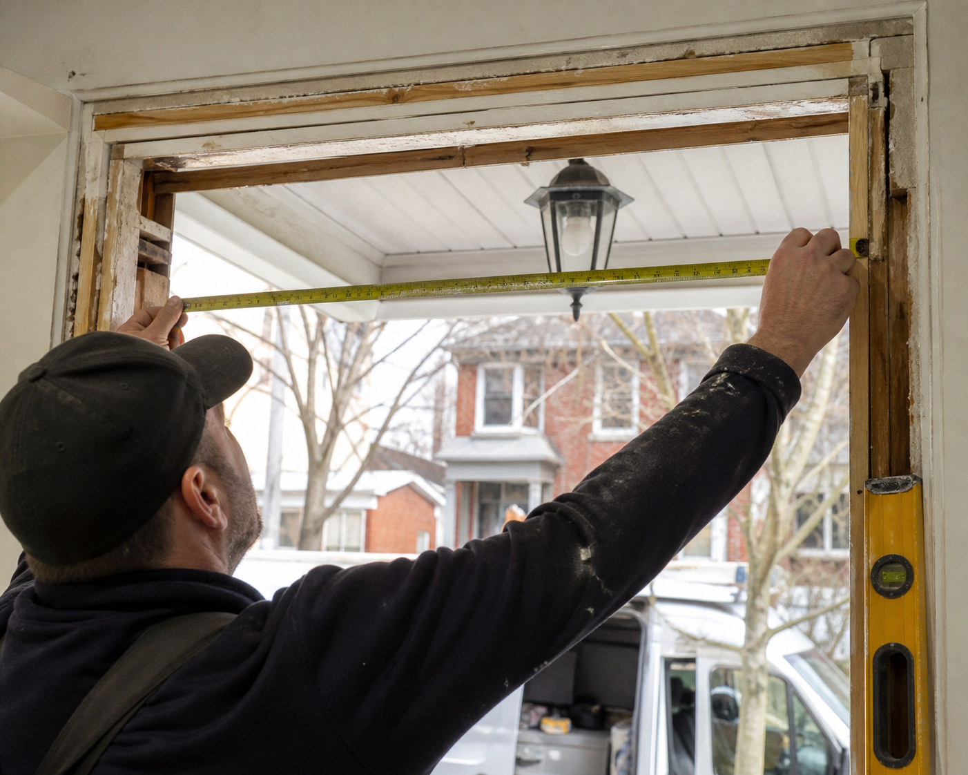 Installer measuring above a front door opening for a new transom window in an older Ontario home