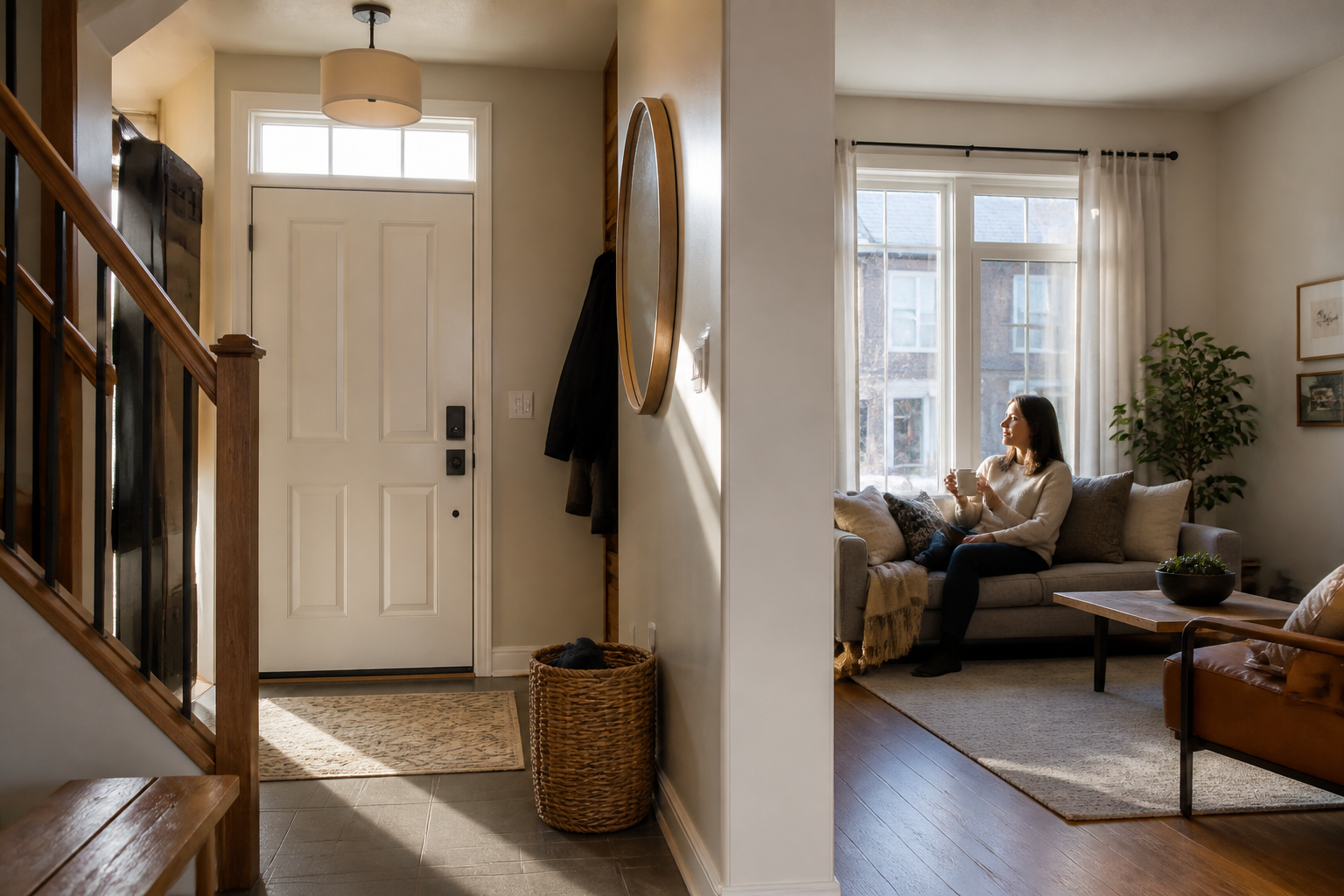 Sunlit entry and living area with soft daylight coming through a transom window above the front door