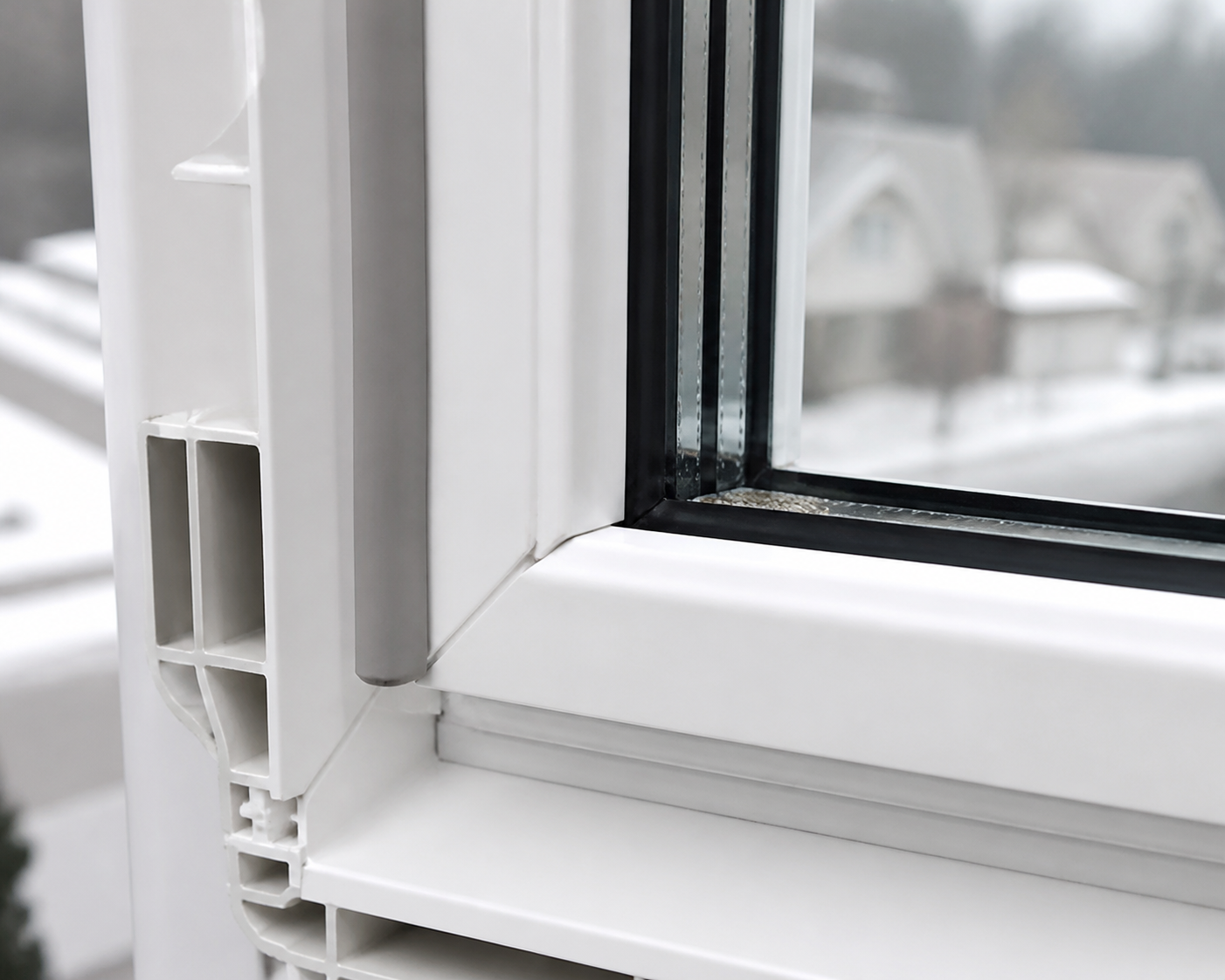 Close-up of a vinyl window corner showing the sealed gap between panes, weatherstripping, and frame detail