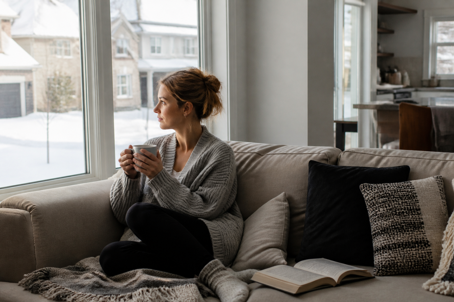 Bright Ontario living room with large windows bringing in winter sunlight
