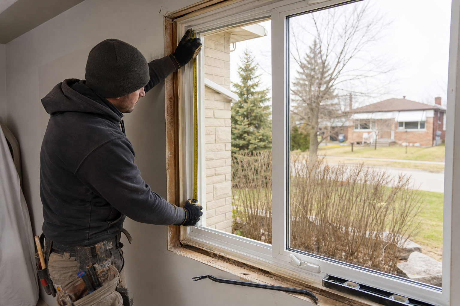 Installer measuring a window opening and checking the sash on a residential replacement job