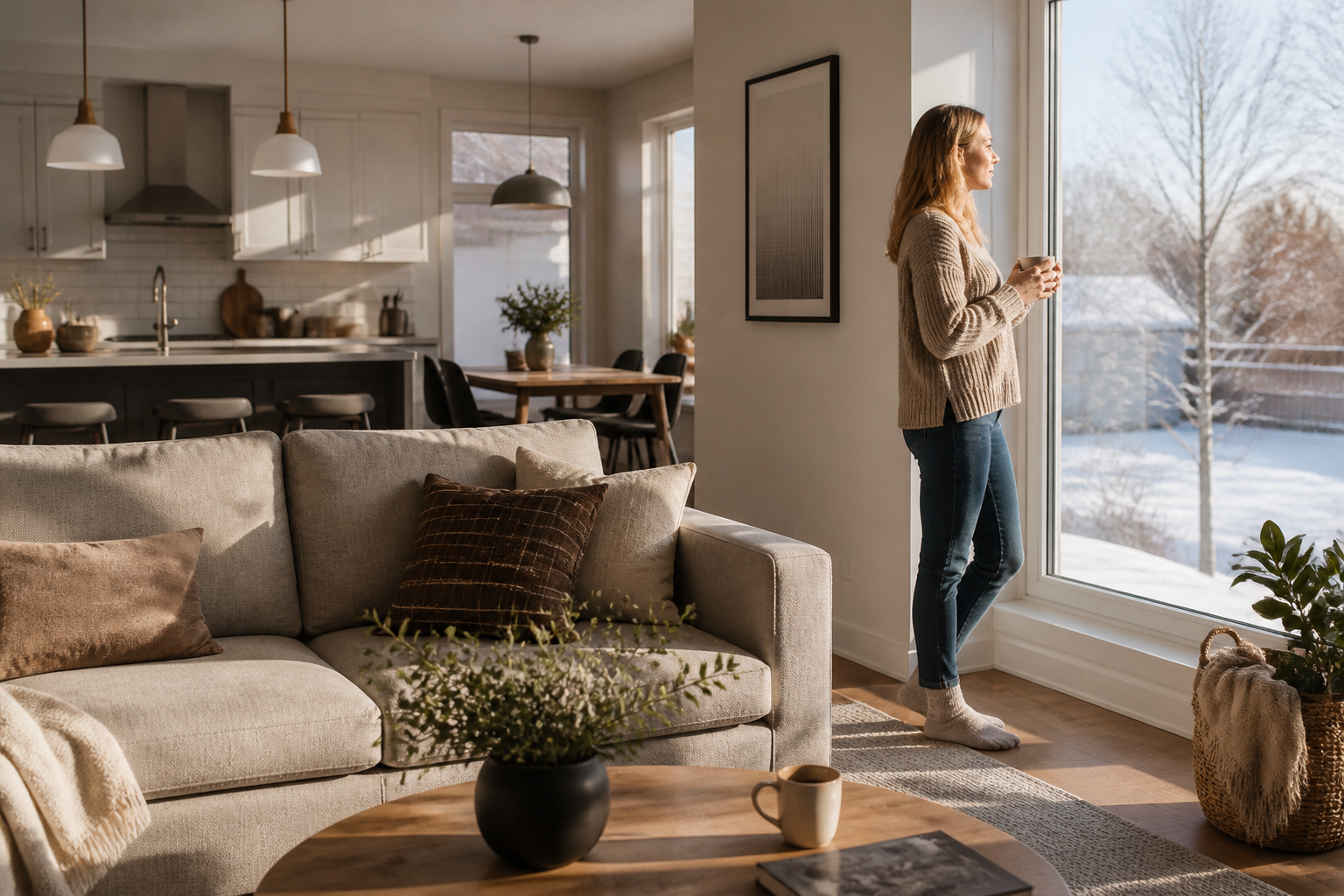 Sunlit modern open-plan living room and kitchen on a bright frosty day, with large windows casting winter light across the space while a homeowner relaxes nearby