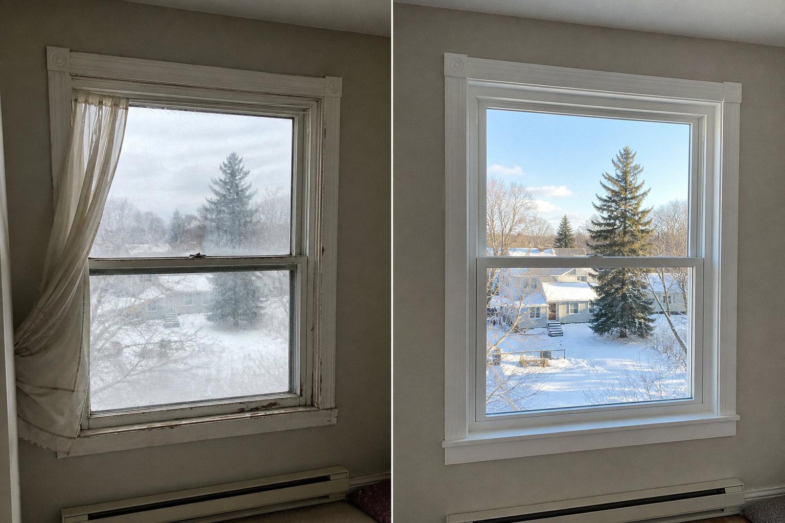 Side-by-side view of an older fogged upper-floor window and a crisp modern replacement window with clearer glass and cleaner frame lines