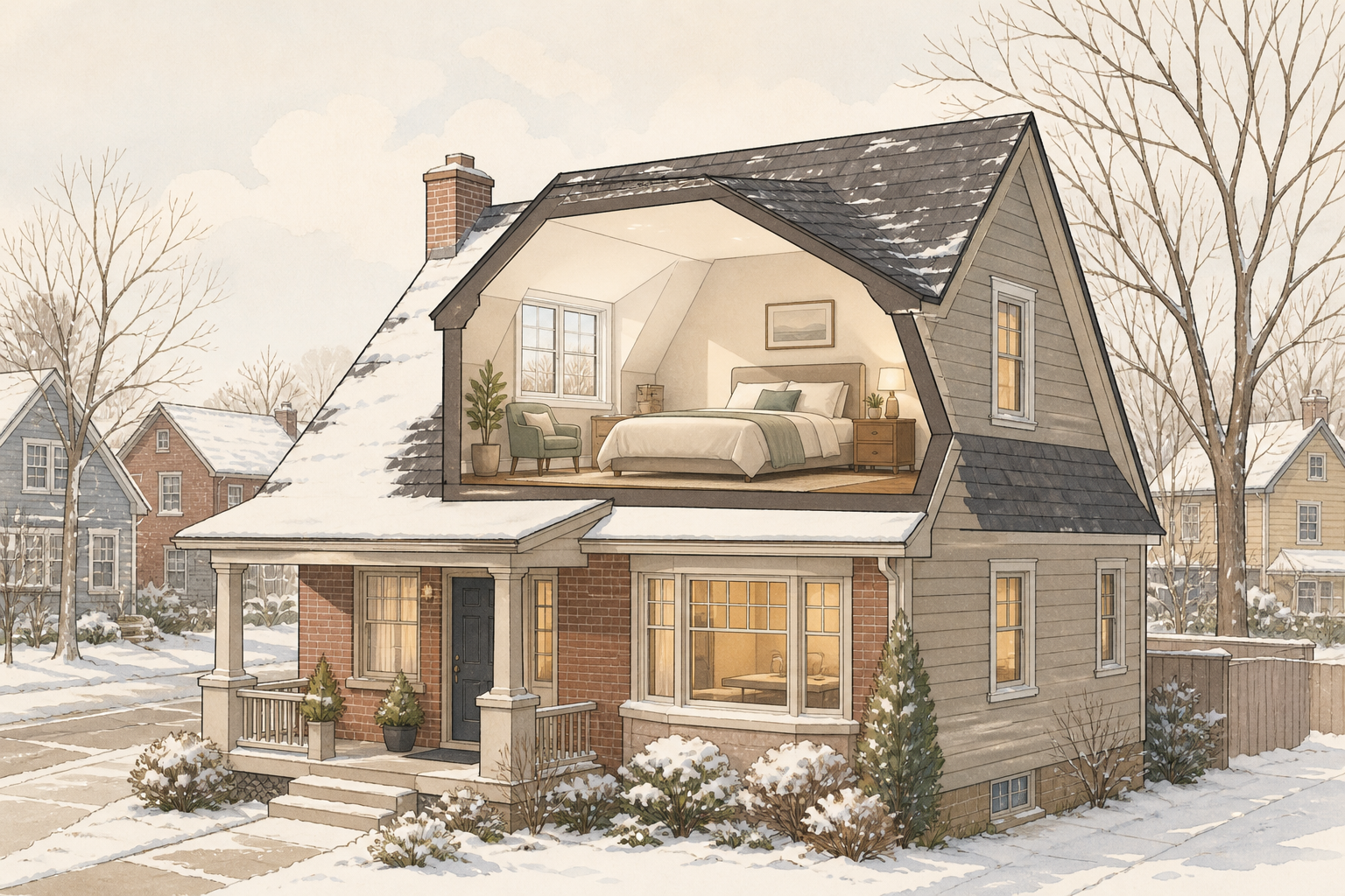 Hand-drawn editorial illustration of a house with a dormer adding light and usable space to an upper floor bedroom
