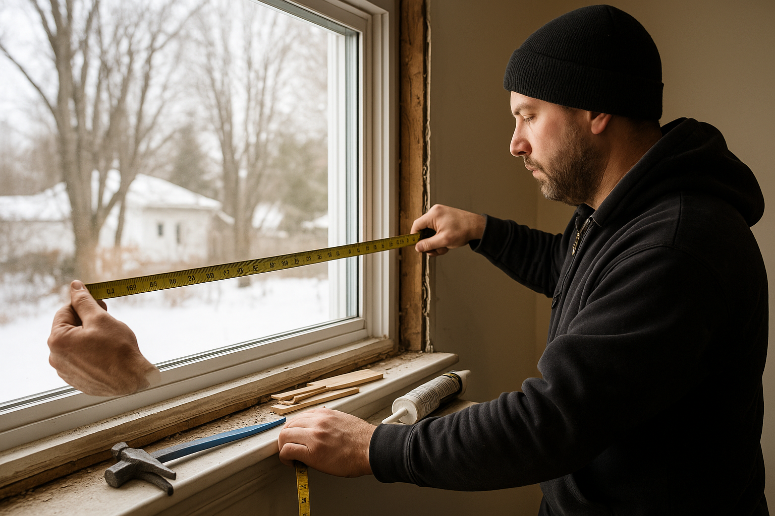 Installer measuring an older vinyl window opening before replacing a fogged insulated glass unit in an Ontario home
