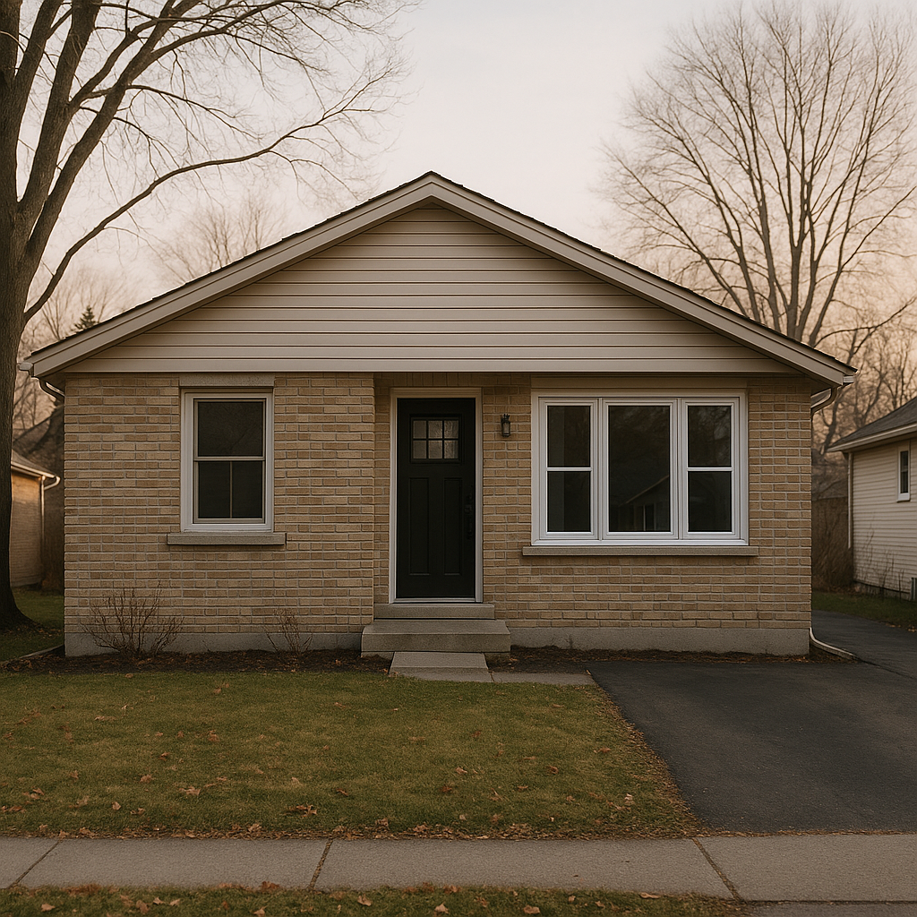 Front exterior of a detached Ontario home with a mix of older and newer vinyl windows