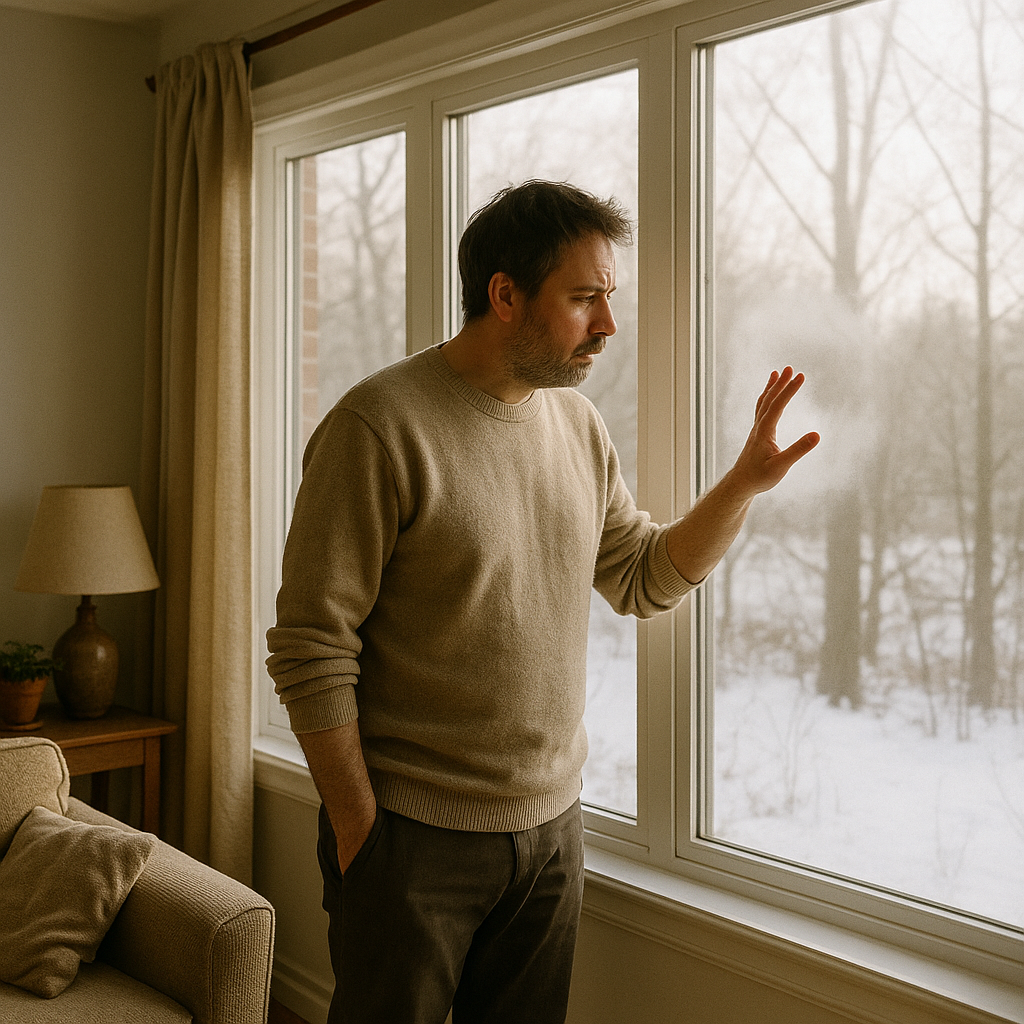 Homeowner standing by a bright living room window checking for cloudiness in the glass