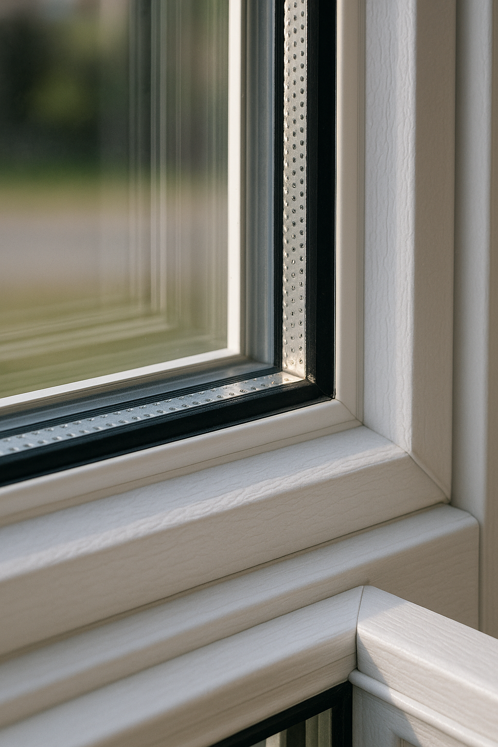 Close-up of the edge of a double-pane vinyl window showing the spacer and sealed gap