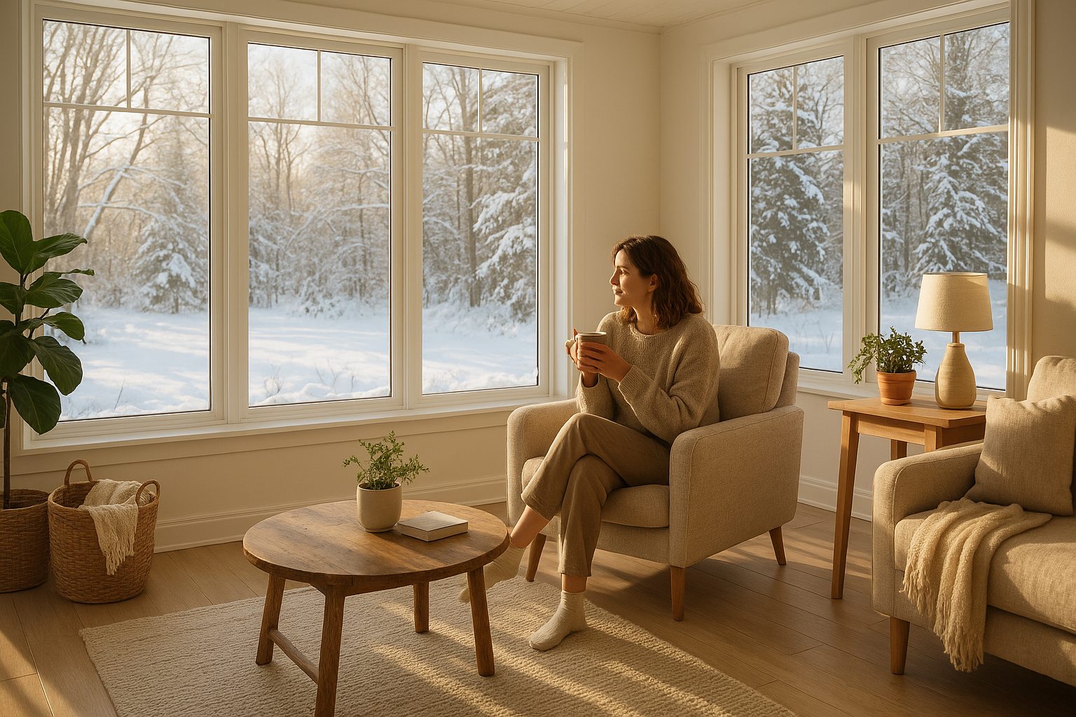 Bright sunroom on a crisp winter morning with snow outside, sunlight pouring through large windows while a homeowner enjoys a coffee indoors