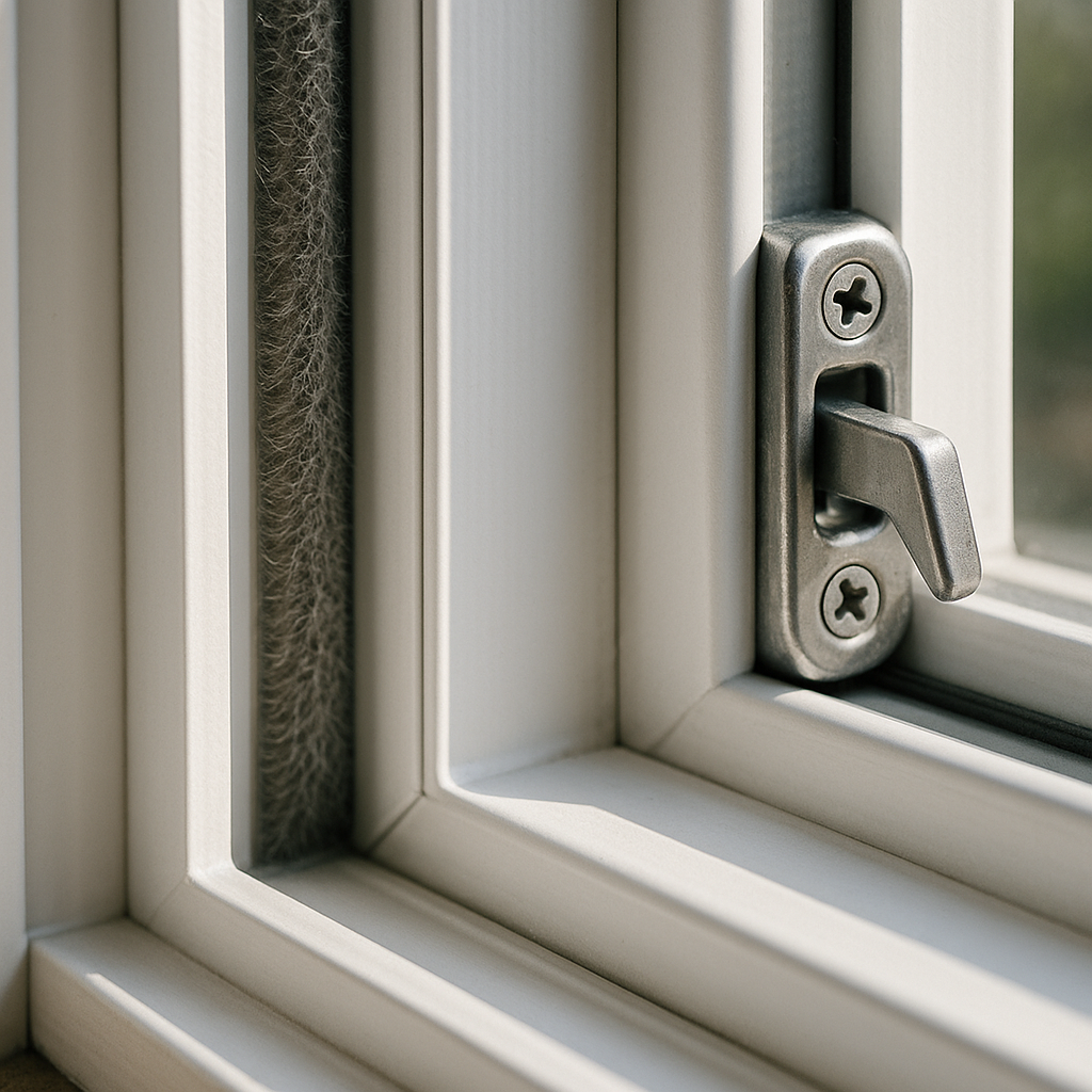 Close-up of vinyl window hardware and weatherstripping with clean track detail