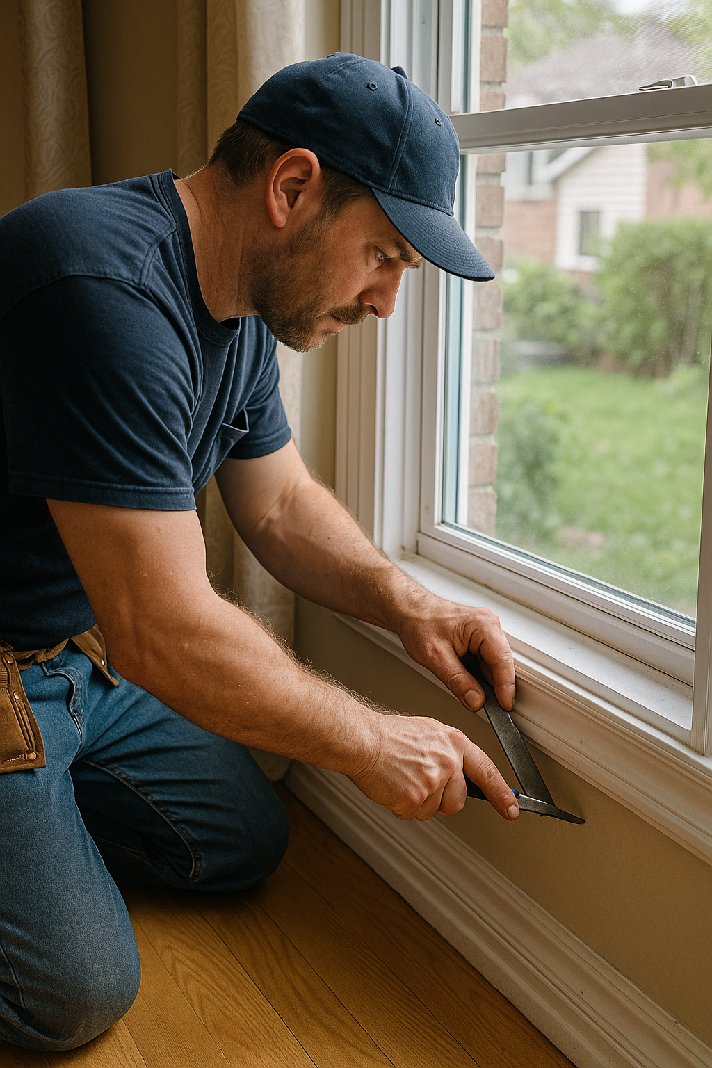 Installer checking and cleaning the lower part of a window frame on site with hand tools