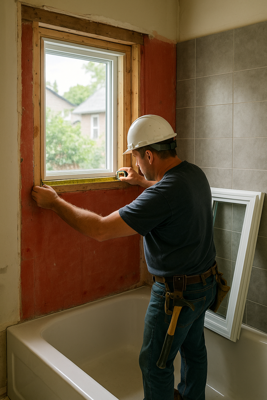 Installer measuring a small bathroom window opening during renovation