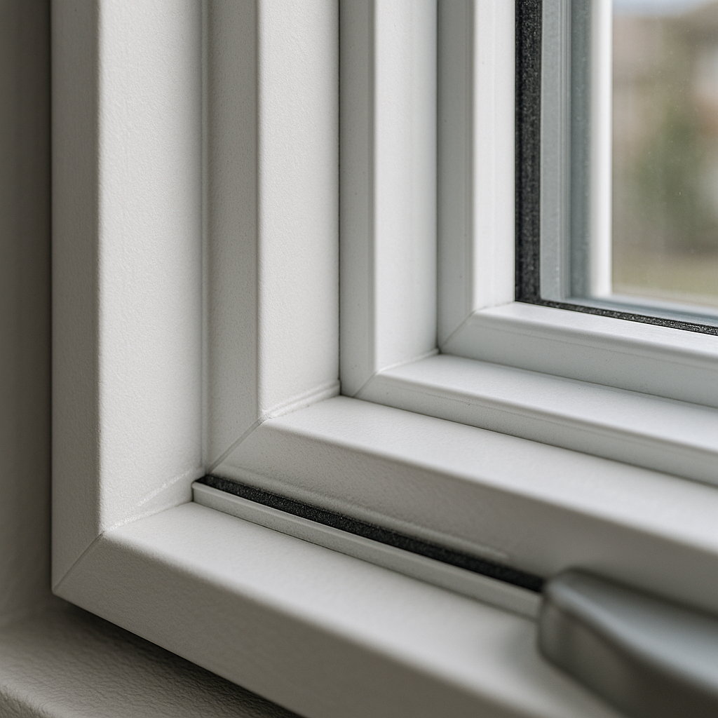 Close-up of vinyl window frame corner and weatherstripping seal