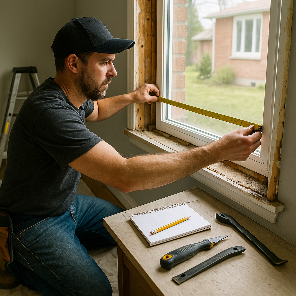 Installer measuring an existing window opening inside a house during a replacement window job
