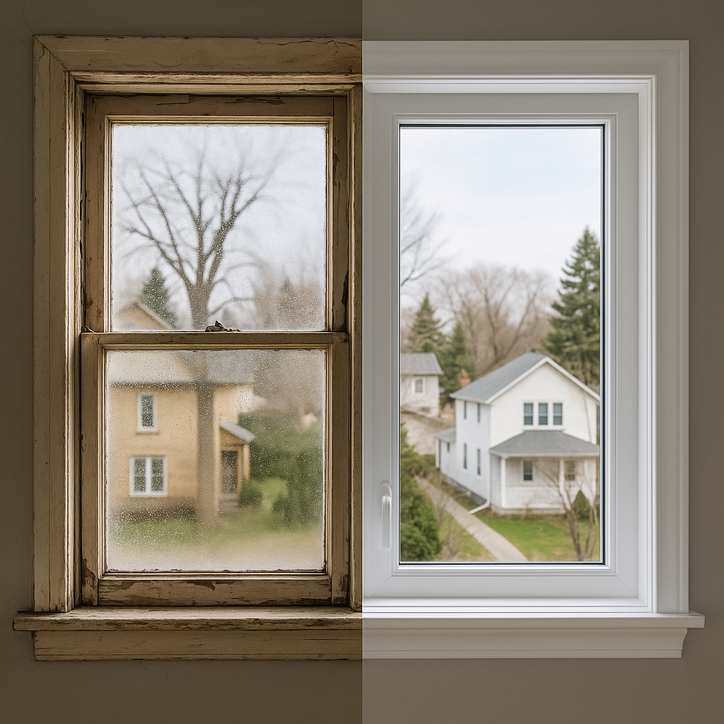 Side-by-side view of an old foggy drafty window and a clean new vinyl replacement window