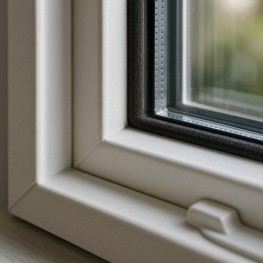 Close-up of vinyl window frame corner, weatherstripping, and sealed glass edge