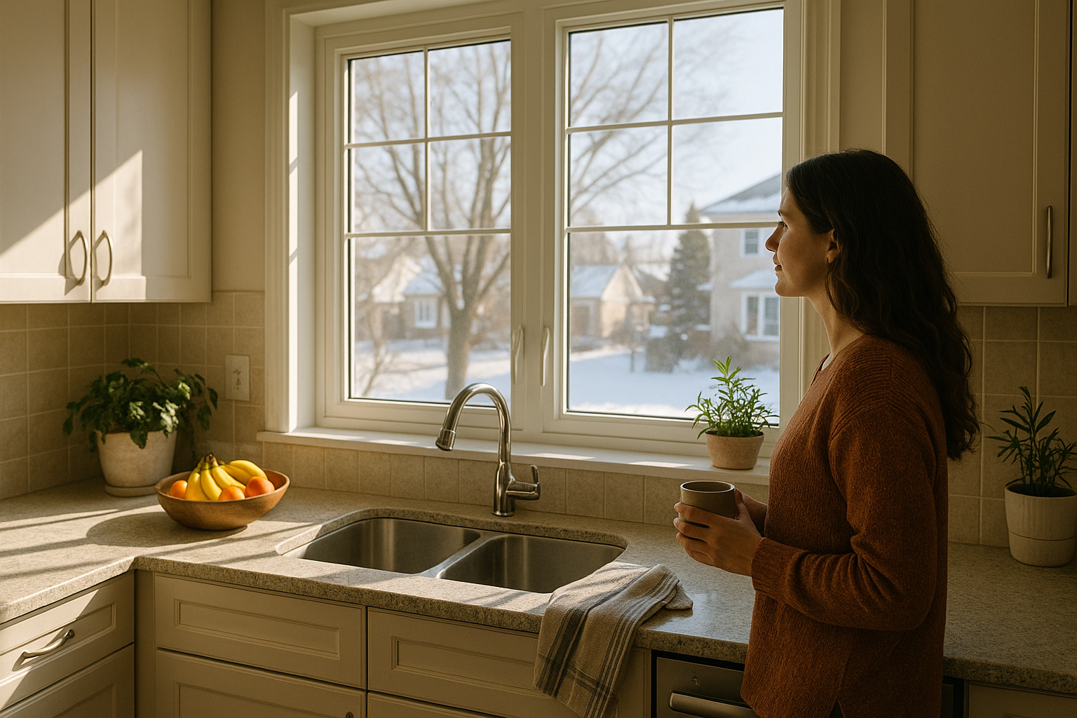 Homeowner standing in a bright kitchen beside newly replaced windows on a sunny day